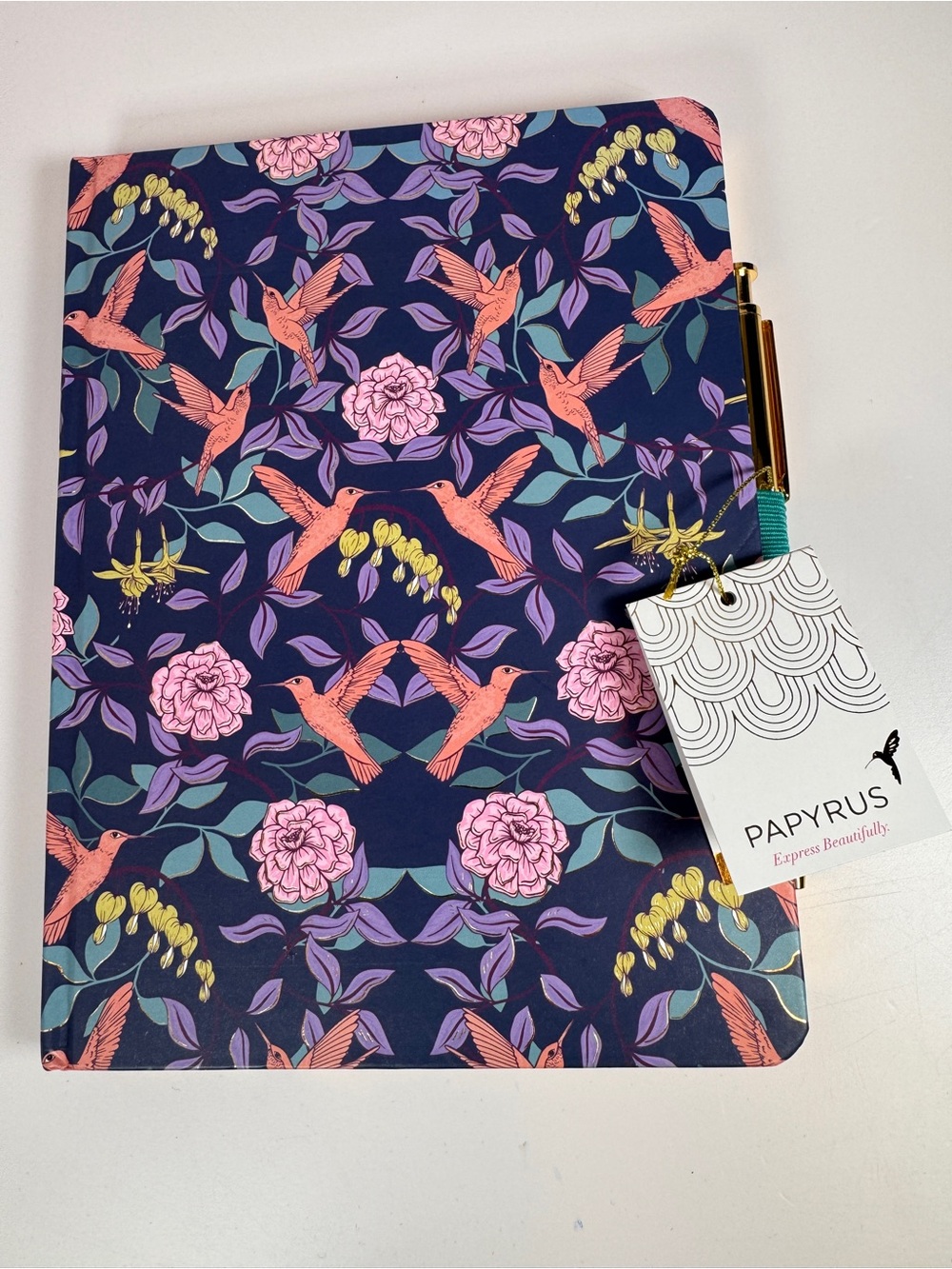 Papyrus Set Blue Floral and Bird Print Journal & Gold Pen NEW! 6” X 8” 244 Pages